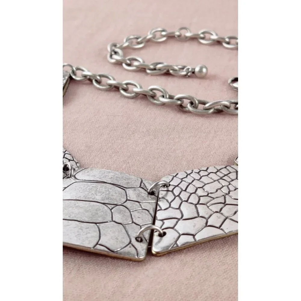 Premier Designs Silver Coker Necklace Exotic Reptile Emprint Tribal Double Sided